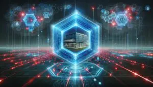 Visualisierung einer KI-gestützten Cybersicherheitslösung, die ein Unternehmensgebäude vor verschiedenen digitalen Bedrohungen schützt, symbolisiert durch ein futuristisches Schutzschild und abgewehrte Cyberangriffe.