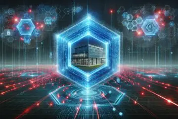 Visualisierung einer KI-gestützten Cybersicherheitslösung, die ein Unternehmensgebäude vor verschiedenen digitalen Bedrohungen schützt, symbolisiert durch ein futuristisches Schutzschild und abgewehrte Cyberangriffe.