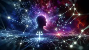 Futuristische Darstellung der KI-Landschaft mit vernetzten Knoten, die in eine menschliche Silhouette übergehen, symbolisiert die Verschmelzung von Mensch und Maschine in der KI-Ära.