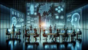 Futuristisches Büro mit Fachleuten, die KI-gestützte Marketing-Tools auf holografischen Displays nutzen, symbolisiert die Integration von künstlicher Intelligenz in Marketingprozesse von Unternehmen in der DACH-Region.