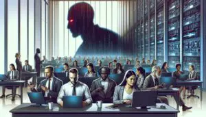 Illustration of office workers using AI tools with a looming shadow representing the risks of unauthorized AI use in corporate environments