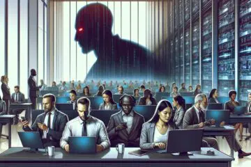 Illustration of office workers using AI tools with a looming shadow representing the risks of unauthorized AI use in corporate environments