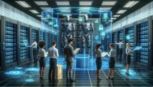 Futuristisches Rechenzentrum mit KI-gesteuerten Robotern und menschlichen Datenwissenschaftlern, die gemeinsam Datenbanken verwalten und Sicherheitsmaßnahmen überwachen.