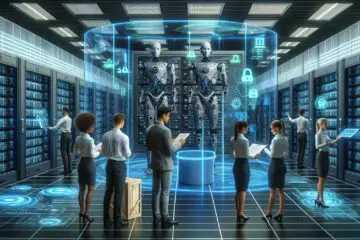 Futuristisches Rechenzentrum mit KI-gesteuerten Robotern und menschlichen Datenwissenschaftlern, die gemeinsam Datenbanken verwalten und Sicherheitsmaßnahmen überwachen.