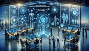 Futuristische Büroumgebung im Jahr 2025, die den Einsatz von generativer KI zur Optimierung von Geschäftsprozessen, Datenstrategien und Kundenservice zeigt. Geschäftsleute arbeiten mit KI-Assistenten und zentralisierten KI-Tools.