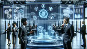 Futuristisches Büro mit Geschäftsleuten, die Process Mining und prädiktive Analytik für die Optimierung von Unternehmensprozessen nutzen, dargestellt durch holografische Displays und interaktive 3D-Visualisierungen.