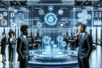 Futuristisches Büro mit Geschäftsleuten, die Process Mining und prädiktive Analytik für die Optimierung von Unternehmensprozessen nutzen, dargestellt durch holografische Displays und interaktive 3D-Visualisierungen.