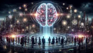 Futuristic visualization of Retrieval Augmented Generation (RAG) AI technology in 2025, showing an AI system efficiently accessing and processing targeted information for improved accuracy and relevance in business applications.