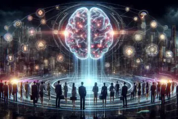 Futuristic visualization of Retrieval Augmented Generation (RAG) AI technology in 2025, showing an AI system efficiently accessing and processing targeted information for improved accuracy and relevance in business applications.