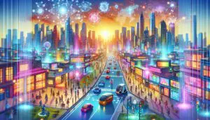 Futuristische Stadtlandschaft mit fortschrittlichen KI-Technologien, die in warmen, freundlichen Farben dargestellt sind. Menschen und Maschinen interagieren harmonisch in einer innovativen Umgebung.