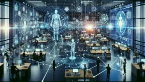 Futuristische Darstellung eines Büros mit KI-gesteuerten Systemen und Mitarbeitern, die gemeinsam an komplexen Geschäftsprozessen arbeiten, symbolisiert durch holografische Displays und vernetzte Roboterarme.