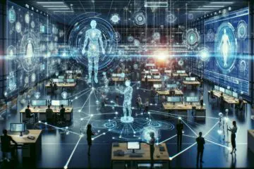 Futuristische Darstellung eines Büros mit KI-gesteuerten Systemen und Mitarbeitern, die gemeinsam an komplexen Geschäftsprozessen arbeiten, symbolisiert durch holografische Displays und vernetzte Roboterarme.
