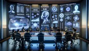 Futuristische Darstellung eines Konferenzraums im Jahr 2025, in dem diverse Führungskräfte KI-Governance diskutieren, mit Hologrammen von EU AI Act Regularien und ethischen KI-Prinzipien.