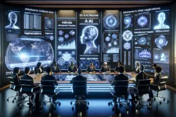 Futuristische Darstellung eines Konferenzraums im Jahr 2025, in dem diverse Führungskräfte KI-Governance diskutieren, mit Hologrammen von EU AI Act Regularien und ethischen KI-Prinzipien.