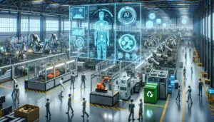 Zukunftsweisende Fabrikhalle im Jahr 2025, die die nahtlose Zusammenarbeit von Mensch und Maschine in der Industrie 5.0 zeigt, mit KI-gesteuerten Systemen und nachhaltigen Fertigungspraktiken.