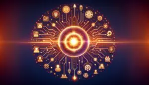 Illustration eines zentralen KI-Hubs, umgeben von verschiedenen KI-Tools und Anwendungen, die Standardisierung und Effizienz in Unternehmen symbolisieren.