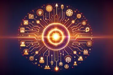 Illustration eines zentralen KI-Hubs, umgeben von verschiedenen KI-Tools und Anwendungen, die Standardisierung und Effizienz in Unternehmen symbolisieren.