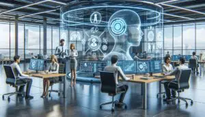 Futuristisches Büro mit KI-Agenten, die mit Menschen zusammenarbeiten, um Geschäftsprozesse zu optimieren und Innovationen voranzutreiben.