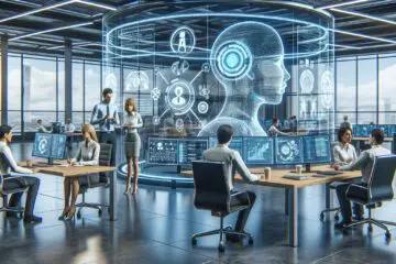 Futuristisches Büro mit KI-Agenten, die mit Menschen zusammenarbeiten, um Geschäftsprozesse zu optimieren und Innovationen voranzutreiben.
