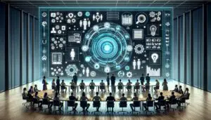 Zukunftsweisende Darstellung eines Büros im Jahr 2025, in dem Mitarbeiter an der Konsolidierung von KI-Tools arbeiten, symbolisiert durch ein zentrales holografisches Display.