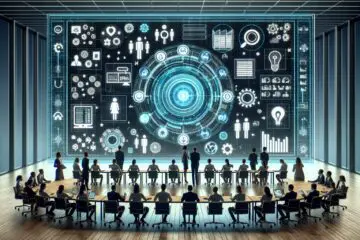 Zukunftsweisende Darstellung eines Büros im Jahr 2025, in dem Mitarbeiter an der Konsolidierung von KI-Tools arbeiten, symbolisiert durch ein zentrales holografisches Display.