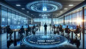 Futuristische Büroumgebung, die fortschrittliche KI-Systeme und robuste Cybersecurity-Maßnahmen zeigt, symbolisiert die Integration von künstlicher Intelligenz und Sicherheit in Geschäftspraktiken im Jahr 2025.