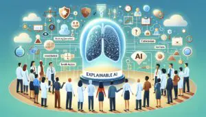 Illustration of a transparent AI system surrounded by diverse people, symbolizing trust, compliance, and ethical standards in artificial intelligence