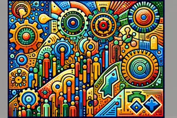 Farbenfrohe Illustration zur Standardisierung von KI-Tools in Unternehmen, die Effizienz und Zusammenarbeit durch einheitliche Lösungen darstellt.