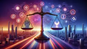 Illustration of a scale balancing AI technology and ethical considerations against a backdrop of a futuristic city, emphasizing the importance of responsible AI development.
