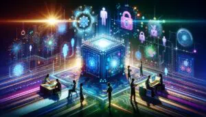 Colorful illustration of a quantum computer surrounded by cybersecurity symbols and collaborating IT professionals, representing the challenges and innovations in quantum-resistant encryption.