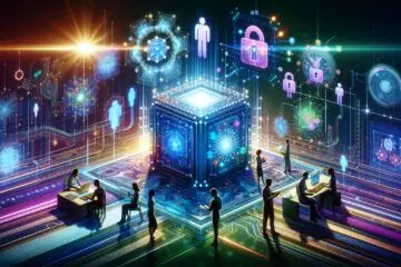 Colorful illustration of a quantum computer surrounded by cybersecurity symbols and collaborating IT professionals, representing the challenges and innovations in quantum-resistant encryption.