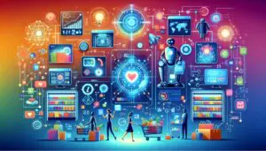 Futuristische Darstellung eines KI-gesteuerten Einzelhandelsgeschäfts mit personalisierten Angeboten, Roboter-Assistenten und intelligenten Lagersystemen in freundlichen, warmen Farben.