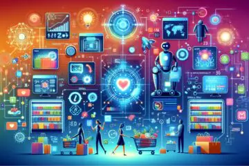 Futuristische Darstellung eines KI-gesteuerten Einzelhandelsgeschäfts mit personalisierten Angeboten, Roboter-Assistenten und intelligenten Lagersystemen in freundlichen, warmen Farben.