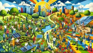 Farbenfrohe Illustration zeigt Menschen verschiedener Altersgruppen, die gemeinsam Bäume pflanzen, Solaranlagen installieren und Windräder aufstellen. Im Hintergrund eine Mischung aus Stadt und Natur, die eine nachhaltige Zukunft symbolisiert.