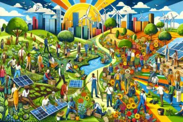 Farbenfrohe Illustration zeigt Menschen verschiedener Altersgruppen, die gemeinsam Bäume pflanzen, Solaranlagen installieren und Windräder aufstellen. Im Hintergrund eine Mischung aus Stadt und Natur, die eine nachhaltige Zukunft symbolisiert.