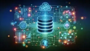 Farbenfrohe Illustration von KI-gestütztem Datenbankmanagement mit vernetzten Elementen, die Sicherheit, Effizienz und Automation in Database-DevOps darstellen.