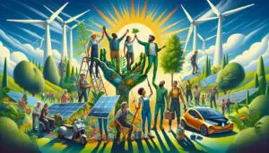 Illustration zeigt Menschen verschiedener Altersgruppen, die zusammenarbeiten, um Bäume zu pflanzen, Solarpanele zu installieren und erneuerbare Energien zu fördern. Im Hintergrund sind Windturbinen und Elektrofahrzeuge zu sehen, die eine hoffnungsvolle Zukunft im Einklang mit der Natur symbolisieren.