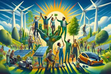 Illustration zeigt Menschen verschiedener Altersgruppen, die zusammenarbeiten, um Bäume zu pflanzen, Solarpanele zu installieren und erneuerbare Energien zu fördern. Im Hintergrund sind Windturbinen und Elektrofahrzeuge zu sehen, die eine hoffnungsvolle Zukunft im Einklang mit der Natur symbolisieren.