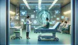 Futuristisches Krankenzimmer mit KI-unterstützter Technologie, Arzt und Patient interagieren vor einem holografischen Display mit Gesundheitsdaten, umgeben von warmen, einladenden Farben und schwebenden medizinischen Symbolen.
