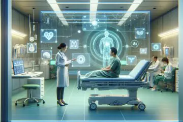 Futuristisches Krankenzimmer mit KI-unterstützter Technologie, Arzt und Patient interagieren vor einem holografischen Display mit Gesundheitsdaten, umgeben von warmen, einladenden Farben und schwebenden medizinischen Symbolen.