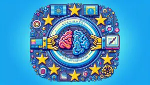 Illustration of EU AI Regulation bridging technology and ethics, featuring EU flag with AI symbols, surrounded by colorful icons representing various AI aspects and elements of safety and trust.