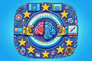 Illustration of EU AI Regulation bridging technology and ethics, featuring EU flag with AI symbols, surrounded by colorful icons representing various AI aspects and elements of safety and trust.