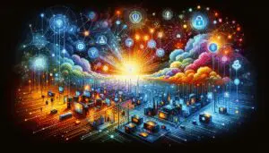 Freundliche Darstellung von Edge-Computing und IoT-Geräten mit visuellen Elementen, die Datensicherheit, Verschlüsselung und innovative Technologien wie Blockchain und KI repräsentieren.