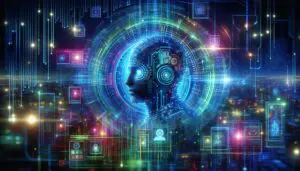 Illustration eines futuristischen KI-gestützten Datensicherheitssystems, das ein Computernetzwerk schützt, mit hellen, freundlichen Farben und visuellen Elementen, die Datenanalyse und Zusammenarbeit zwischen Mensch und KI darstellen.