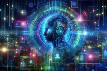 Illustration eines futuristischen KI-gestützten Datensicherheitssystems, das ein Computernetzwerk schützt, mit hellen, freundlichen Farben und visuellen Elementen, die Datenanalyse und Zusammenarbeit zwischen Mensch und KI darstellen.