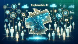 Friendly visualization of Explainable AI in the DACH region, showing transparent AI models, human interaction, and symbols of trust, compliance, and innovation on a stylized map.