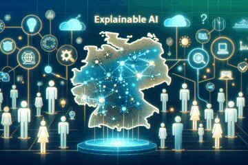 Friendly visualization of Explainable AI in the DACH region, showing transparent AI models, human interaction, and symbols of trust, compliance, and innovation on a stylized map.