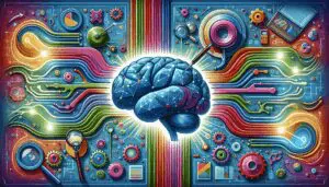 Illustration eines KI-Gehirns, das Datenströme verarbeitet und verbessert, umgeben von Symbolen für Datenanalyse und -optimierung