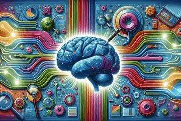 Illustration eines KI-Gehirns, das Datenströme verarbeitet und verbessert, umgeben von Symbolen für Datenanalyse und -optimierung