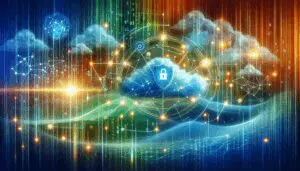 Illustration zeigt ein digitales Netzwerk mit Symbolen für KI, Datenschutz und DSGVO in freundlichen Farben, die die innovative Verbindung von Technologie und Datensicherheit darstellen.